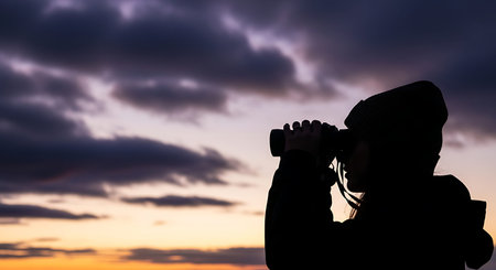 Silhouette of photographer looking through binoculars on sunset sky background