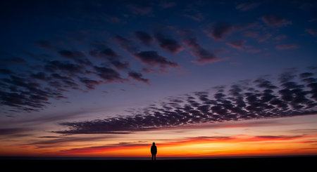 Silhouette of a man standing on the edge of a field at sunsetの写真素材