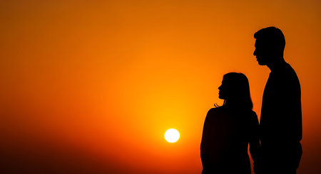 Silhouette of a romantic couple on the background of the setting sunの写真素材