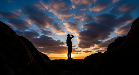 Silhouette of a woman standing on top of a rock and looking at the sunsetの写真素材