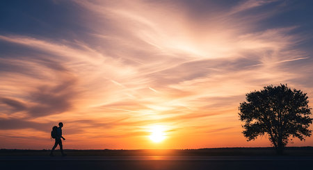 Silhouette of a man walking on the road at sunset.の写真素材