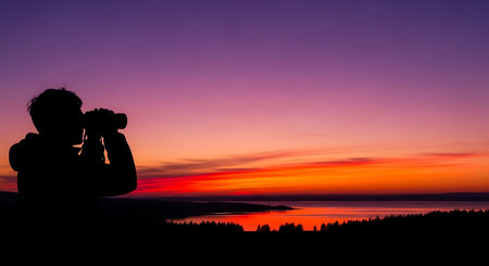 Silhouette of a photographer with a camera on the background of a beautiful sunsetの写真素材