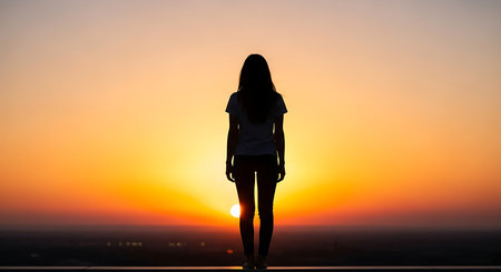 Silhouette of a young woman standing in front of a sunset skyの写真素材