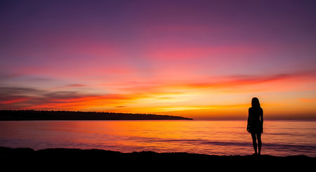 Silhouette of a girl on the seashore at sunsetの写真素材