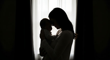 Silhouette of mother and baby at home. The concept of a happy family.の写真素材