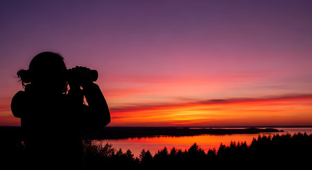 Silhouette of a photographer on the background of a beautiful sunsetの写真素材