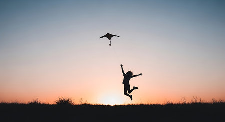 Silhouette of a boy flying a kite at sunset.の写真素材