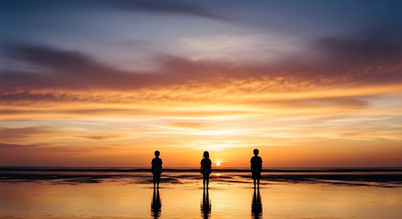 Silhouette of two people standing on the beach at sunset.の写真素材