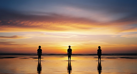 Silhouette of two people standing on the beach at sunset.の写真素材
