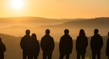Silhouette of a group of people standing on top of a mountain and looking at the sunriseの写真素材