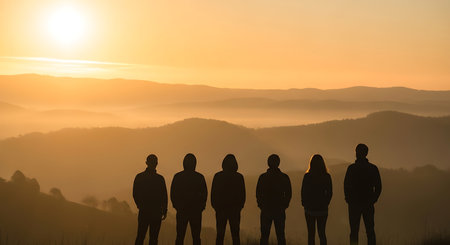 Silhouette of a group of people standing on a hill and watching the sunriseの写真素材