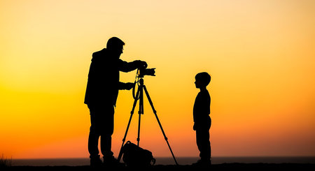 Silhouette of photographer and little boy with camera on sunset backgroundの写真素材