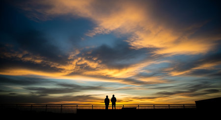 Silhouette of couple on the bridge with sunset sky background.の写真素材
