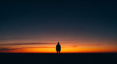 Silhouette of a man standing in the middle of the field at sunsetの写真素材