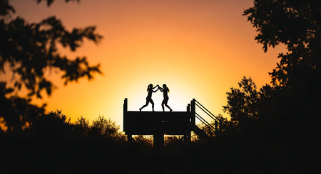 Silhouette of a young couple on a bridge at sunset.の写真素材