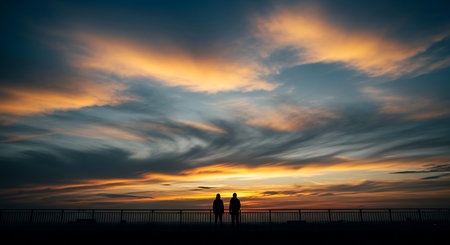 Silhouette of a man and woman standing on the bridge at sunsetの写真素材