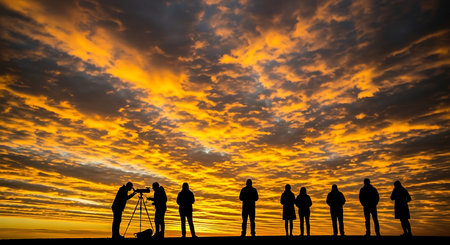 Silhouette of photographers at sunset with the sky and clouds.の写真素材