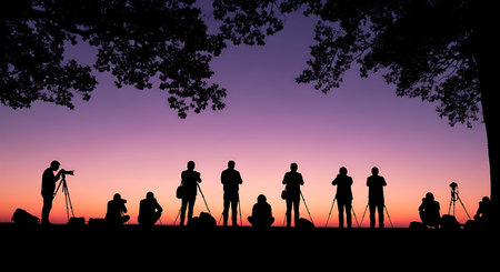 Silhouettes of photographers at sunset in the park. Vector illustration.