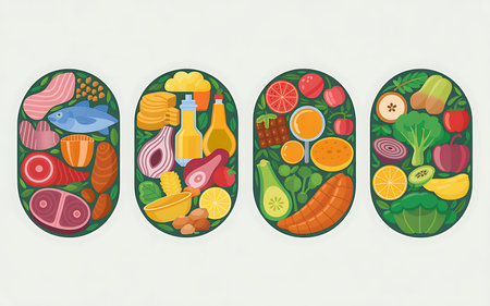 A colorful and vibrant illustration showcases a variety of healthy food options within separate oval shapes arranged side by side representing a balanced diet with protein sources fruits and vegetables for diverse nutritional needs and emphasizing wellness and healthy eating choices for overall healthの写真素材