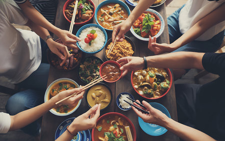 Top view of group of people having dinner together while sitting at the wooden table