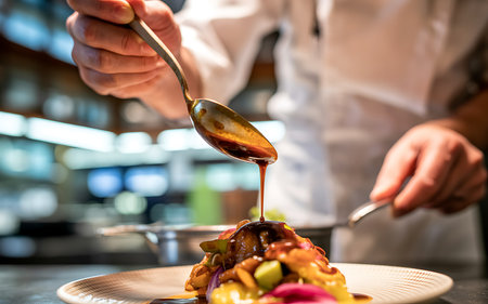 A skilled chef in a professional kitchen is meticulously plating a gourmet dish With a steady hand he drizzles a rich dark sauce from a spoon onto the carefully arranged ingredients creating a visually appealing and delicious culinary masterpiece destined for a fine dining experience The preparation showcases skill and precisionの写真素材