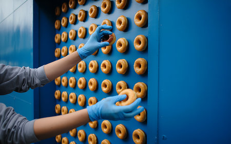 This image shows a vibrant blue wall adorned with dozens of freshly glazed donuts Two hands wearing protective blue gloves are carefully selecting one of the donuts The lighting highlights the glossy glaze of the donuts and the clean sanitary environmentの写真素材