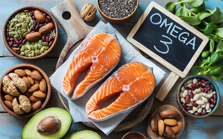 Overhead shot showcasing an arrangement of healthy foods known to be rich in Omega 3 fatty acids The layout includes fresh salmon steaks avocados assorted nuts like almonds and walnuts various beans chia seeds and a small chalkboard with the words Omega 3 written on it suggesting their nutritional benefits for a balanced diet and overall well beingの写真素材