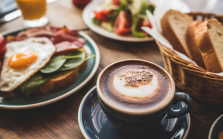 A delicious and aesthetically pleasing breakfast spread featuring a cup of coffee, toast with an egg, bacon, and spinach along with a fresh salad served on a rustic wooden table. The scene evokes a sense of warmth, comfort, and a delightful start to the day.の写真素材