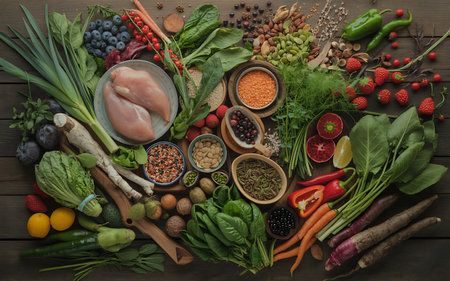 A vibrant and diverse arrangement of fresh produce and protein sources on a dark wooden surface showcases a healthy eating lifestyle The image features an assortment of colorful vegetables ripe fruits nuts seeds and chicken breasts highlighting the importance of a balanced diet for overall health and wellness This visual representation emphasizes the beauty of natural ingredients and their role in promoting a nutritious lifestyleの写真素材