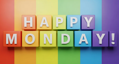 Happy Monday spelled out in colorful blocks on a rainbow background. Clear details and vibrant co...の写真素材