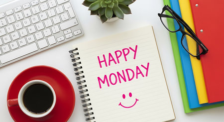 Desk with notebook Happy Monday message coffee cup keyboard and office supplies Clear details and...の写真素材