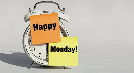 Happy Monday text on yellow sticky note with alarm clock. 3D renderingの写真素材