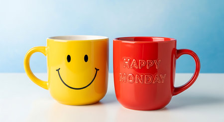 Yellow smiley face mug and red happy Monday mug. Clear details and vibrant colors enhance visual ...の写真素材