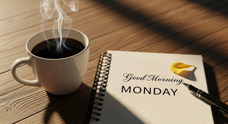 \Notebook with text \"\"Good morning Monday\"\" and cup of coffee on wooden table\""の写真素材