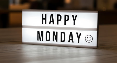 Lightbox displaying "Happy Monday" and a smiley face. Clear details and vibrant colors enhance vi...の写真素材