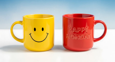 Two ceramic mugs, one yellow with a smiley face, one red with Happy Monday. Clear details and vib...の写真素材