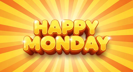 Bold 3D "Happy Monday" text on a vibrant orange and yellow sunburst background. Clear details and...の写真素材