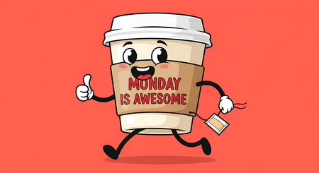 Cartoon coffee cup character running with "Monday is Awesome" message. Clear details and vibrant ...の写真素材