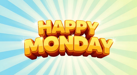 3D orange text "Happy Monday" on a bright sunburst background. Clear details and vibrant colors e...の写真素材