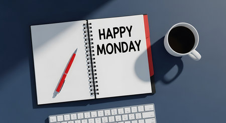 Open notebook with "Happy Monday" text, pen, coffee, and keyboard. Clear details and vibrant colo...の写真素材