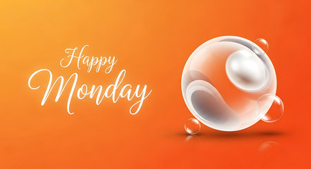 Happy Monday text with abstract glossy spheres and bubbles on orange gradient. Clear details and ...の写真素材