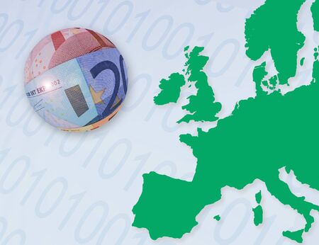 Illustration representing Europian on-line banking. Euro bank notes shaped as ball overlaid onto outline map of europe. Numbers overlaid onto sea areas.の写真素材