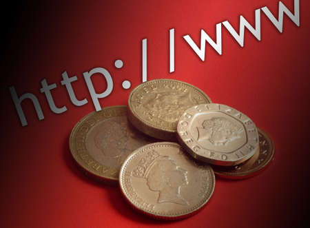 Illustration representing internet banking. UK coins on red background overlaid with text.の写真素材