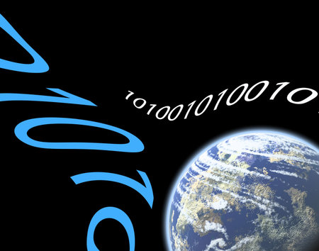 Illustration showing distorted numbers over simulated world
