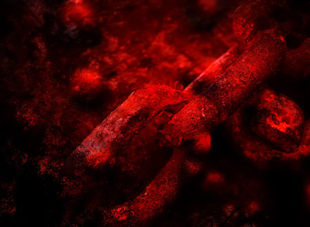 Red composite image showing decayed chain in redの写真素材