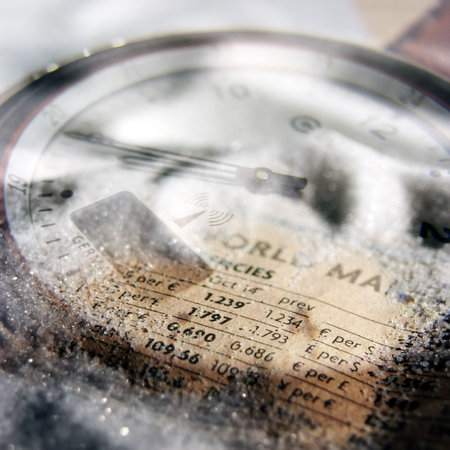 Composite image of financial figures overlaid with watchの写真素材