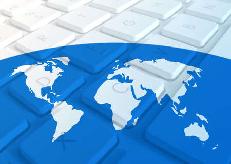 Outline map of world on laptop keyboardの写真素材
