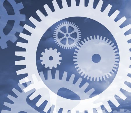 Illstration of cogwheel shapes over sky backgroundの写真素材