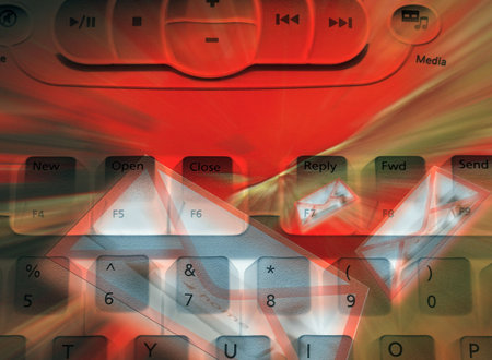 Negative of media computer with red email abstract