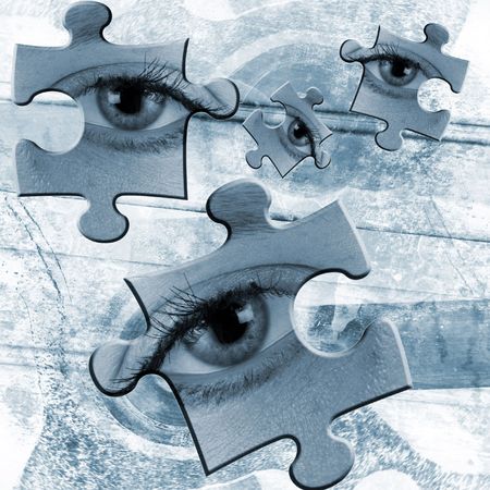 Eye filled jigsaw shapes over textured abstractの写真素材